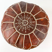 Round Moroccan Leather Pouf in "Chestnut"