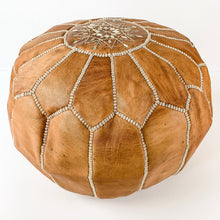Round Moroccan Leather Pouf in "Tan"