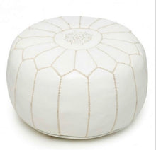 Round Moroccan Leather Pouf in "White"