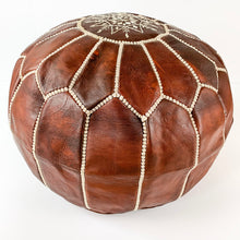 Round Moroccan Leather Pouf in "Chestnut"